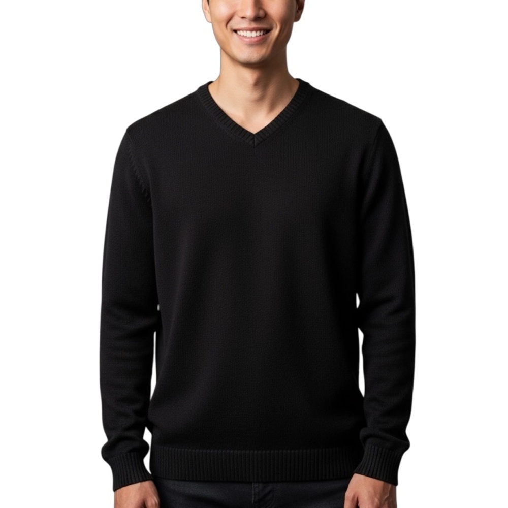 Black Brown 1826 Men's Black Lambs Wool V-Neck Sweater Large Office Casual